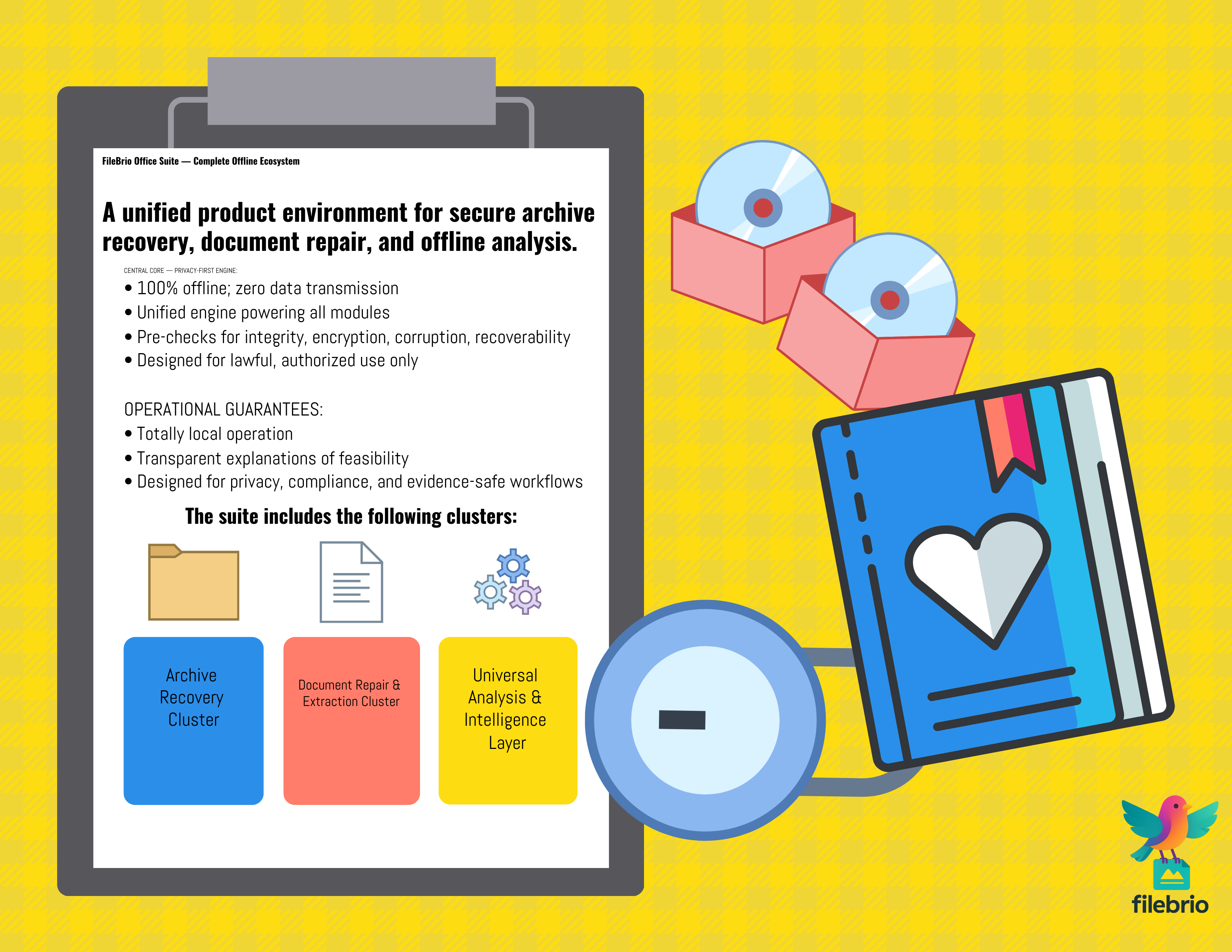 Ecosystem diagram illustrating the complete FileBrio Office Suite, including the privacy-first core engine, archive modules, document repair tools, and universal analysis layer.